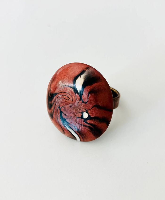 Bague ronde style baroque fait main marron et blanc cassé + noir - taille 54 - photo numéro 3