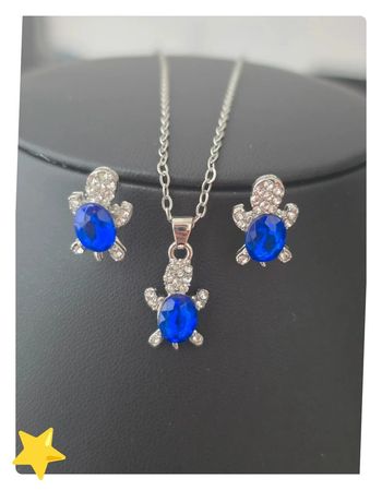 Parrure collier + pendentif + boucle d'oreilles tortue pierre d'ornement bleu