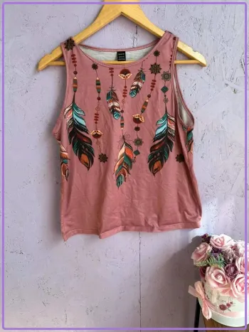 Débardeur Shein Rose Imprimé Plumes