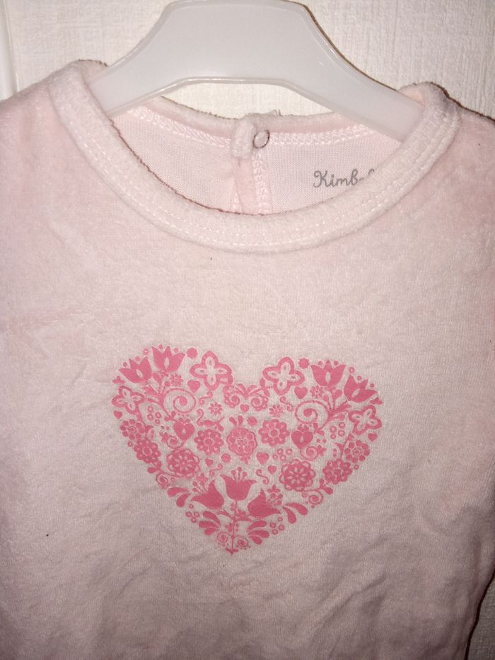 Pyjama bébé fille  velour, hiver 6 mois, rose perle,  motif coeur - photo numéro 3