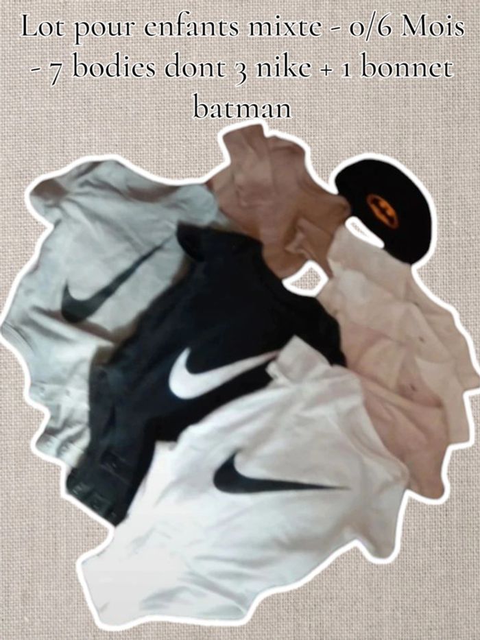 Lot pour enfants mixte - 0/6 Mois - 7 bodies dont 3 nike + 1 bonnet batman