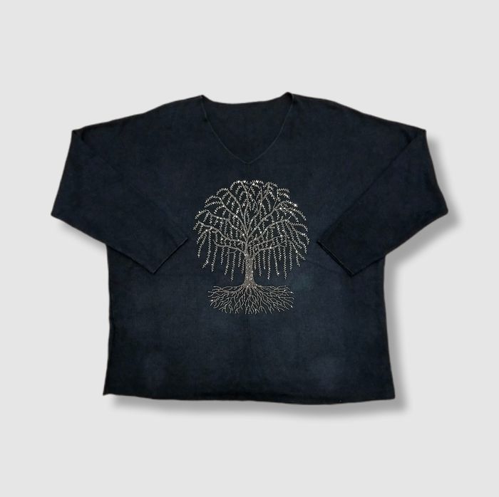 Pull noir XL – Manches 3/4 – Motif arbre strass – Coupe fluide