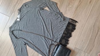 Haut top H&M manches longues neuf gris dentelle taille S