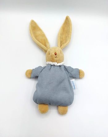 Peluche doudou lapin beige tissu bleu TROUSSELIER longues oreilles col blanc - A12655 - vintage