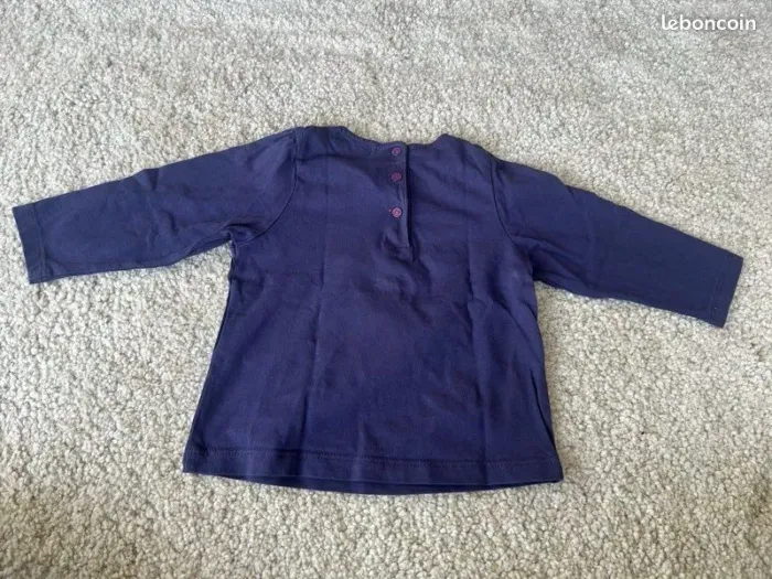 Comme neuf joli teeshirt à manches longues violet à motifs pour bébé fille - 12 mois - DPAM - photo numéro 3