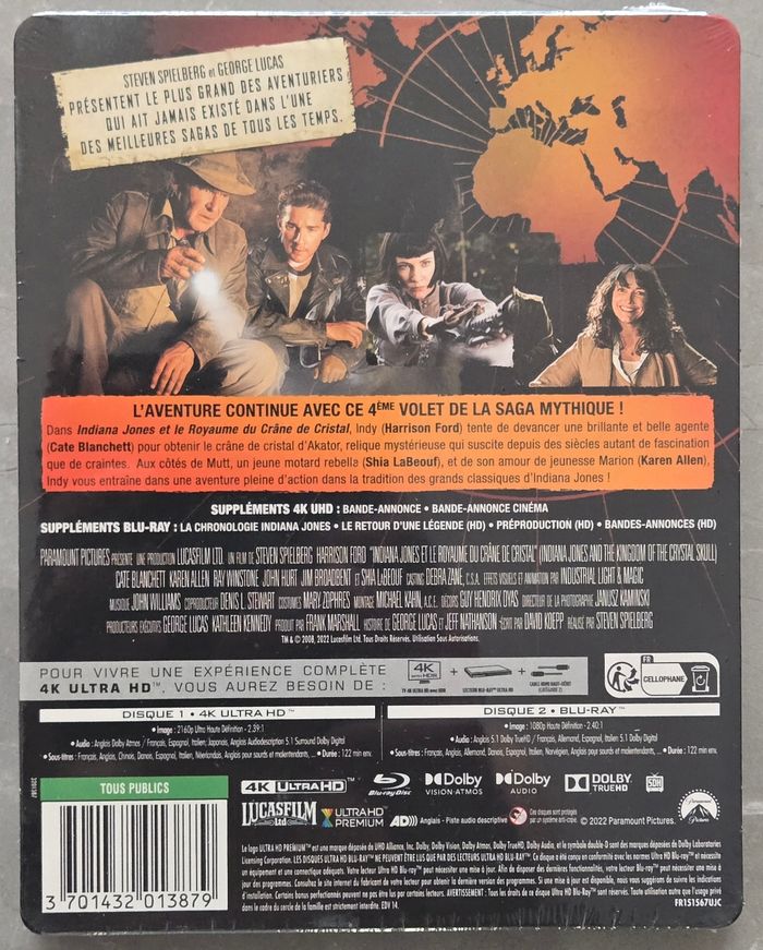 Indiana jones et le Royaume du Crâne de Cristal Steelbook Blu-Ray 4k Ultra HD neuf sous Blister - photo numéro 2