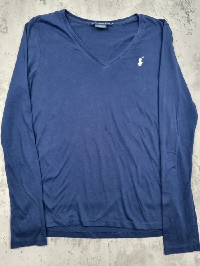 Sweat fin Ralph Lauren Bleu Marine – Col V – Taille M Femme (mesures en photos) - photo numéro 3