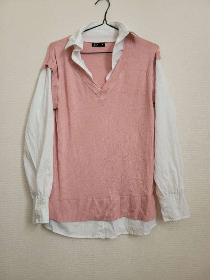 Pull chemisier gilet rose - photo numéro 2