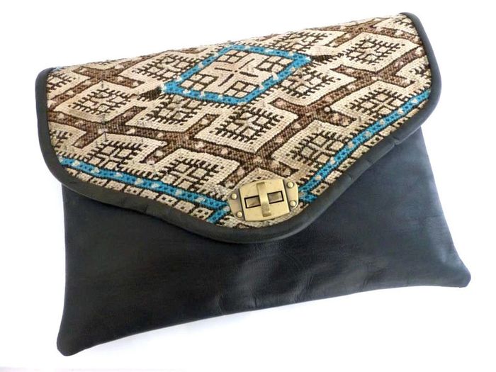 Sac bandoulière NEUF pochette cuir noir pleine fleur tannage naturel & Laine Kilim - Besace ethnique - photo numéro 10