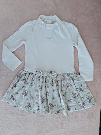 Robe Floriane 3 ans bi matière manches longues col montant blanc et beige fleurie