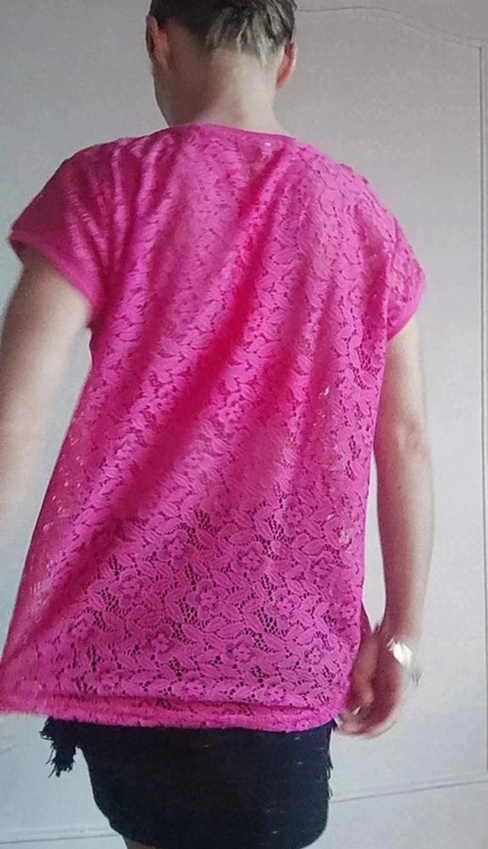 💓Tee shirt dentelle sexy femme rose ajourée fleurie neuf t l 40 - photo numéro 3
