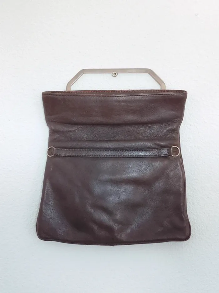 Pochette bandoulière détachable cuir marron anse argent 70-80 vintage - 27×24cm - photo numéro 6