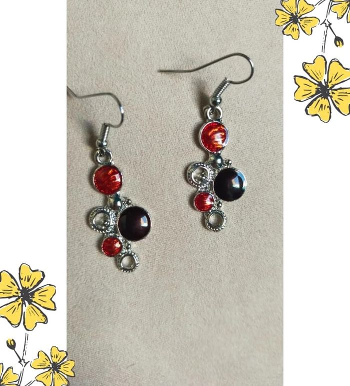 Parure pendentif + boucle – Ronds rouge & argenté avec strass et cœur - photo numéro 5