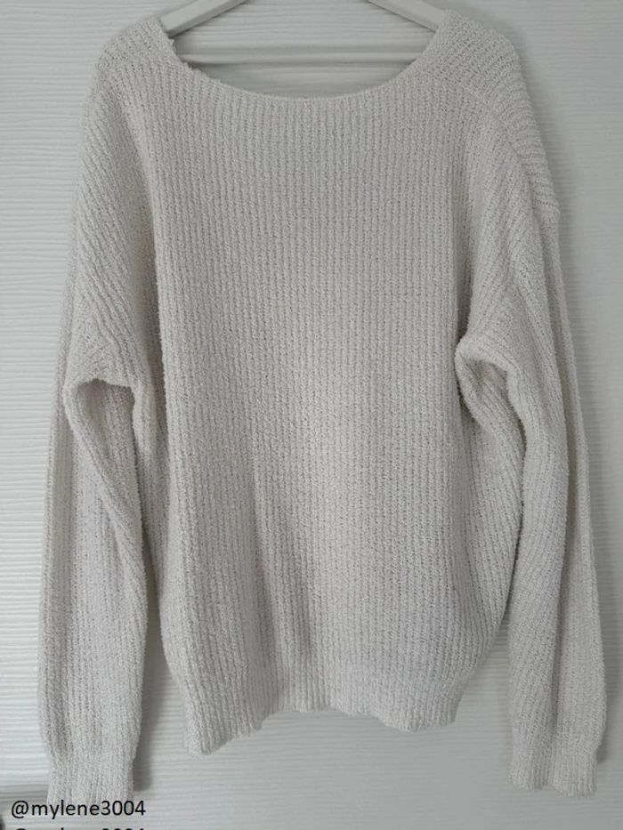 Pull d'hiver en maille blanc uni basique simple col V - photo numéro 5