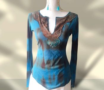 Blouse féminine chic en voile imprimé bleu vert canard  taille unique