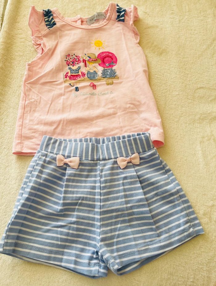 Ensemble tee shirt rose et short bleu 9-12mois - photo numéro 2