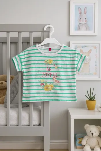 Tee-shirt rayé vert et blanc “Be Joyful” Taille 3 ans