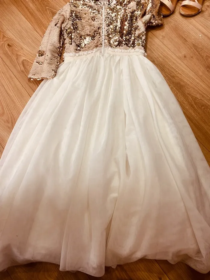 Taille 10 ans Robe longue créateur fille TAO blanche doré * tulle sequins réversibles * 🌺 - photo numéro 7