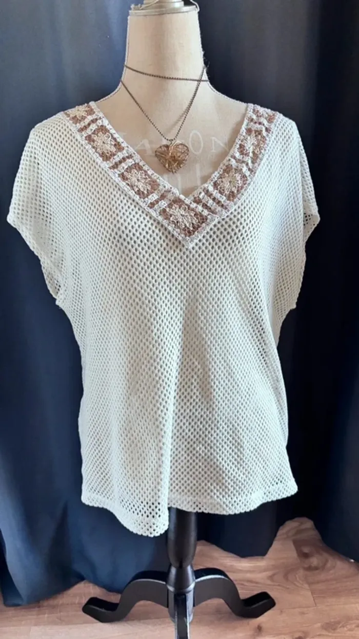 🌸Tunique blanche col v tricoté cotelé taille unique - photo numéro 3