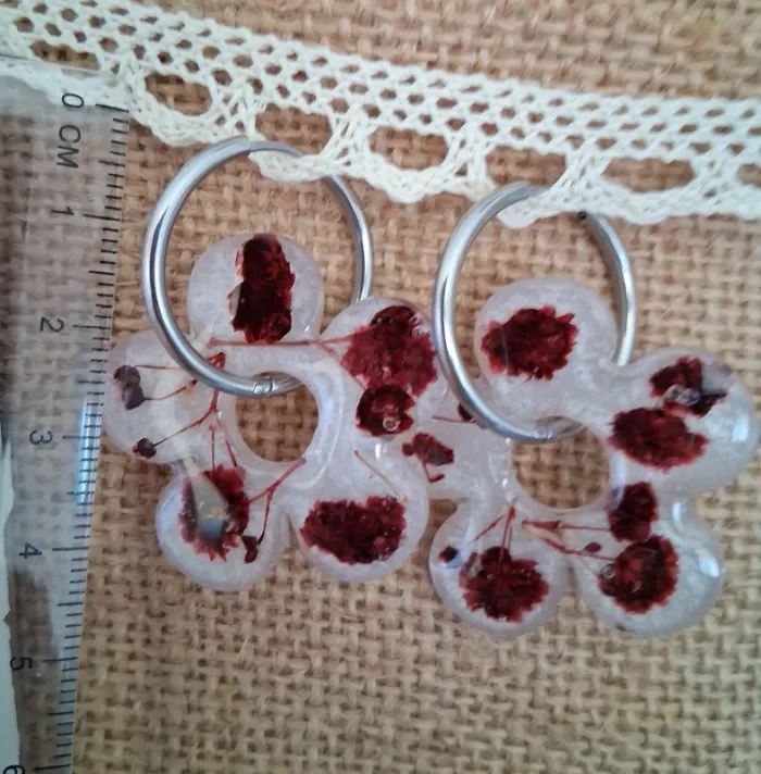 1 paire de boucles d'oreilles anneaux grandes pampilles fleurs séchées - photo numéro 5