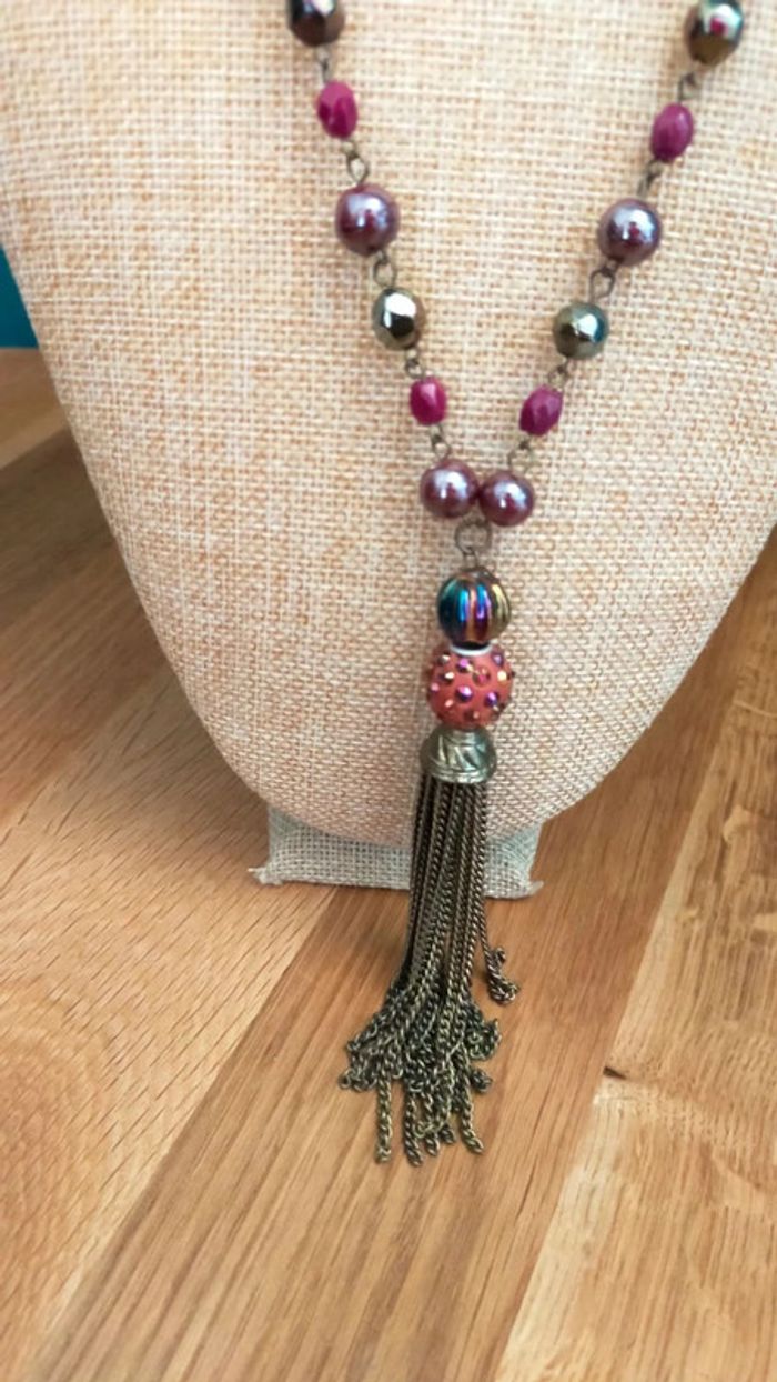 Collier vintage à pampille bronze – Perles prune & métalliques – Style bohème chic - photo numéro 4