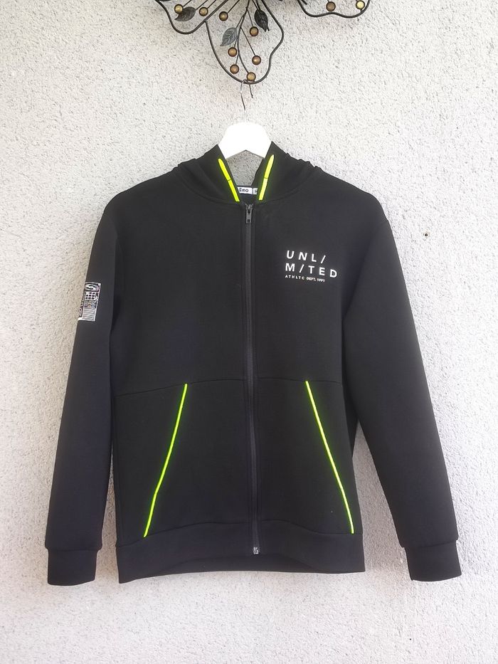 Veste Sweat Zippée gemo Noir Néon - Taille 14 Ans - Douceur Absolue - Comme Neuve !