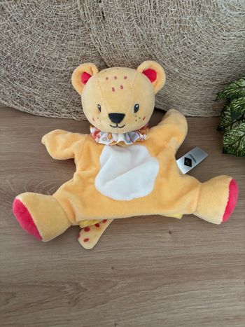 Neuf doudou marionnette ours orange rose pois tex baby Carrefour 