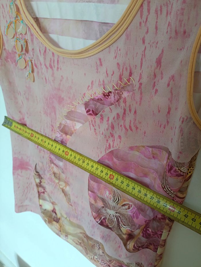 Unique Vintage Top texturé rose transparent à sequins dorés – Georges Franck - photo numéro 8
