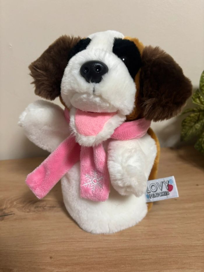 Neuf doudou marionnette chien blanc marron écharpe rose lovy peluches - photo numéro 2