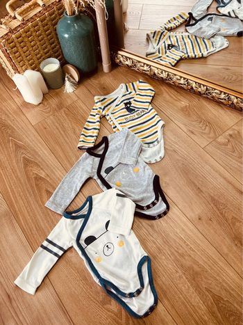 Taille 1 mois lot de 3 bodies manches longues garçon orchestra blanc bleu marine gris 💙