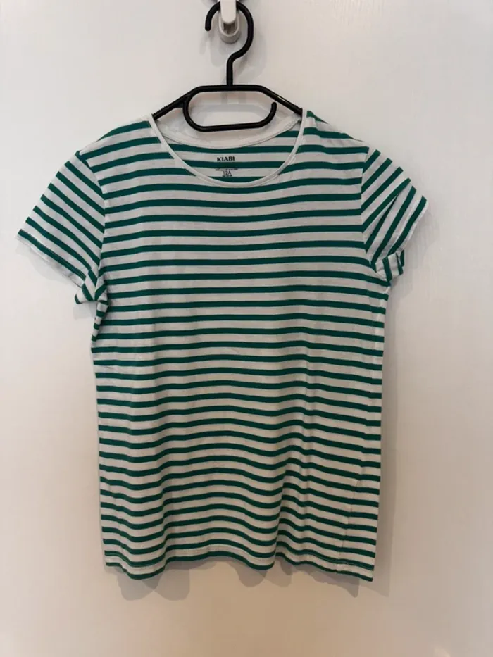 T-shirt manche courte été fille marinière blanc et vert