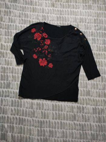 Blouse tee-shirt manches 3/4 noir et rouge bréal taille S 36