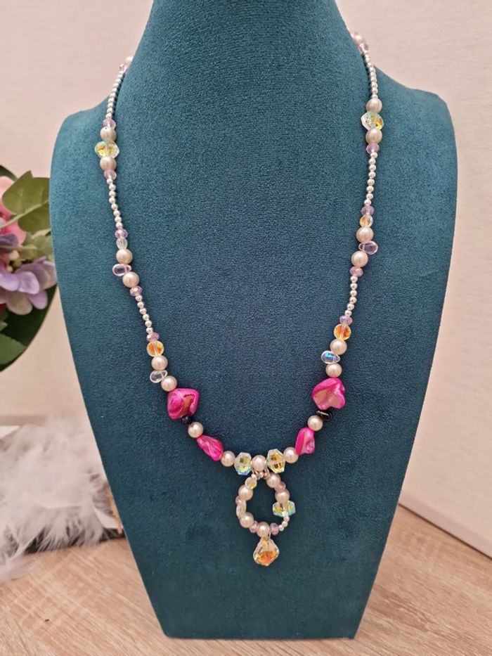 Collier Sautoir Perles Nacrées Perles Cristal Perles Coquillage Fushia - photo numéro 13