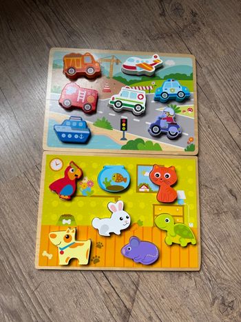 Lot de 2 puzzles en bois – Animaux & Véhicules