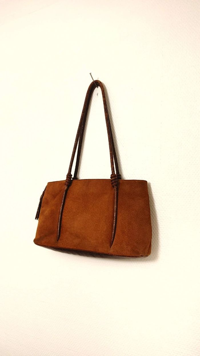 Sac en daim et cuir épaule bicolore marron Camel hanse et pompom - photo numéro 2