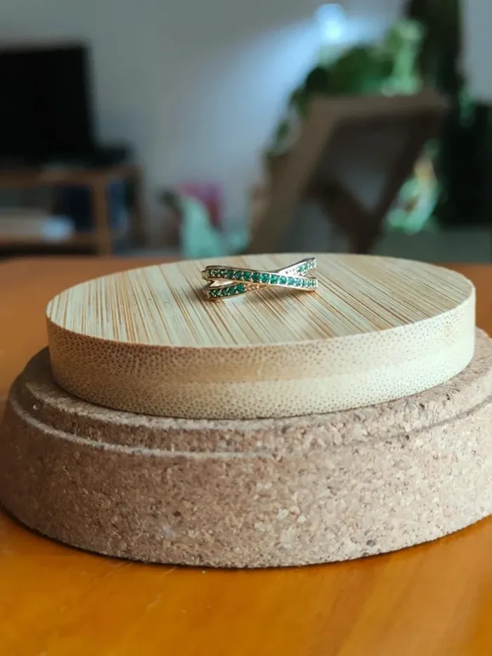 Anneau doré & vert, zircon, élégant - photo numéro 3