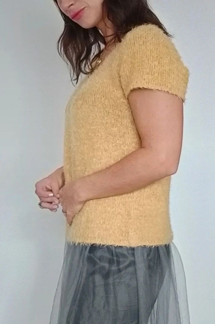 Pull poilu manches courtes jaune chic TU - photo numéro 4
