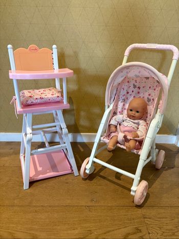 Lot chaise haute, poussette et bébé corolle