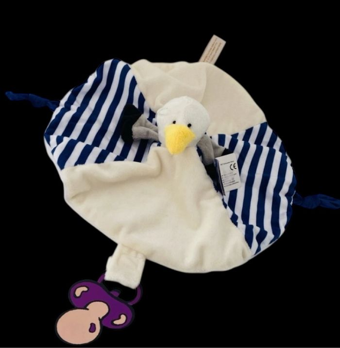 ❤️B5141 Doudou Plat Mouchoir Oiseau Mouette Roda Rodadou Beige Bleu Rayé Blanc