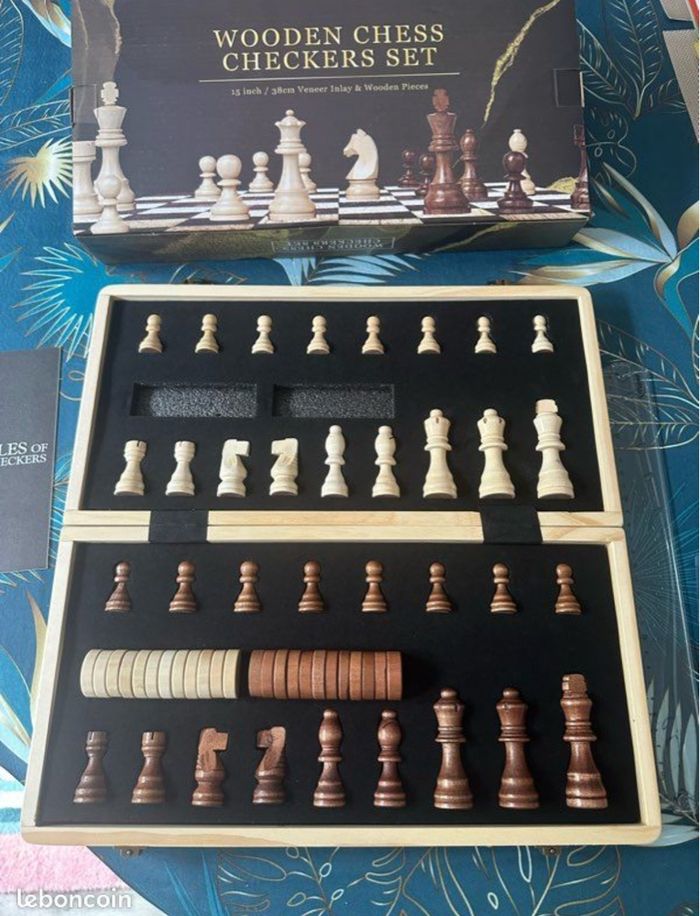 Jeu d’échecs en bois premium neuf complet + dames inclus 38 cm - photo numéro 2