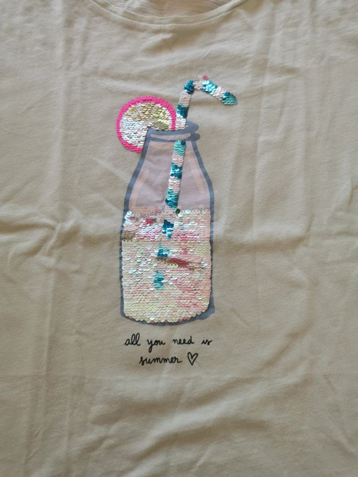 Tee-shirt vert pâle sequins boissons cerise HetM 9-10 ans - photo numéro 2