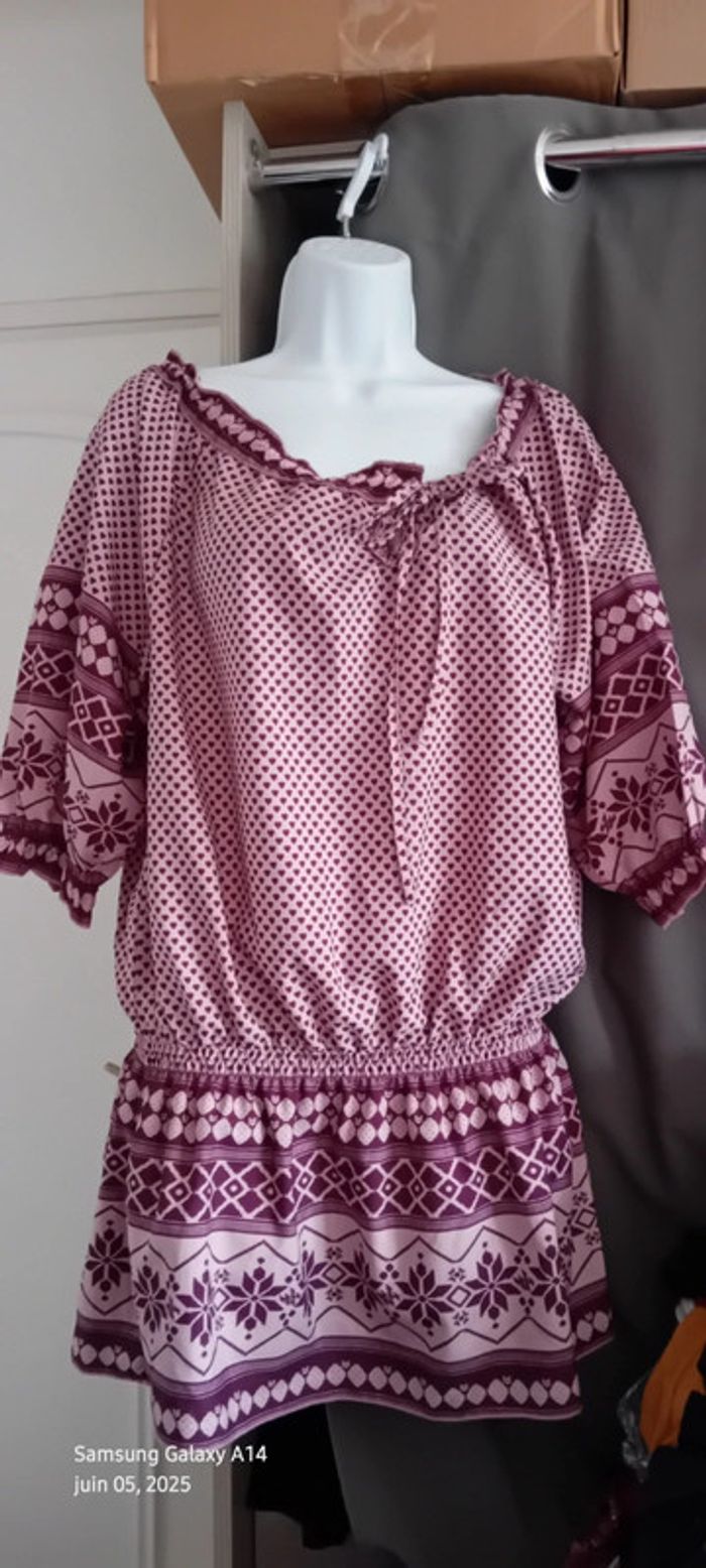 Tunique longue esprit bohème motif cœur et fleurs mauve y2k femme 42 blanche porte - photo numéro 2