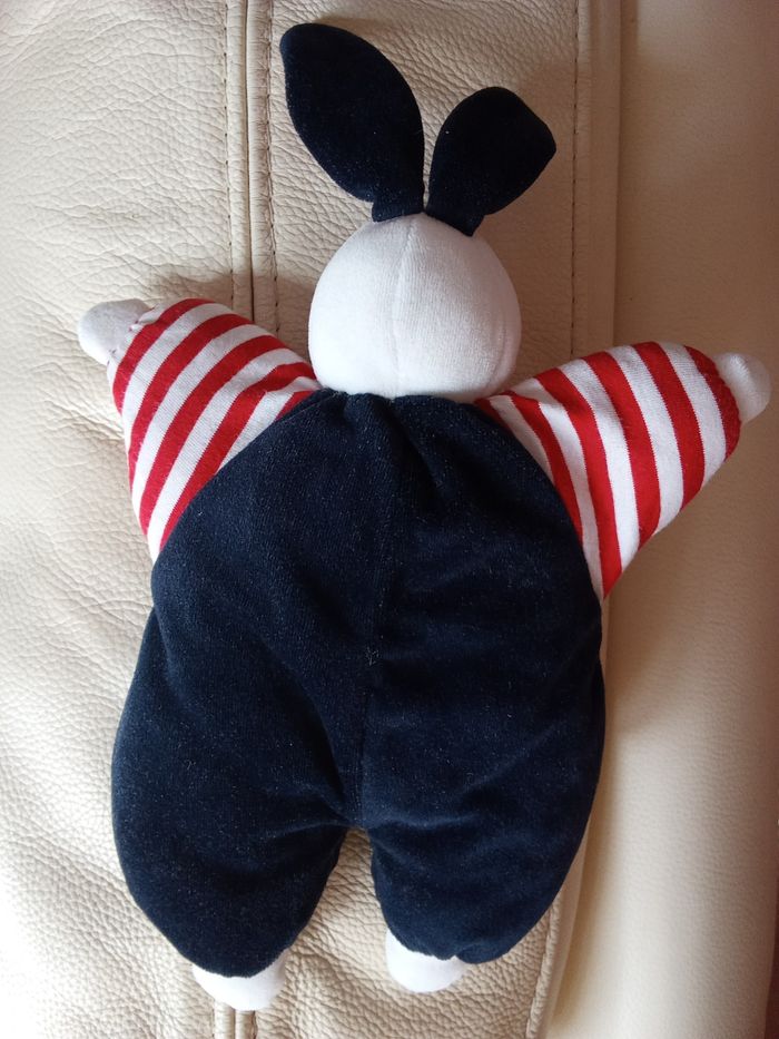 Doudou lapin Jemini vintage ancien peluche blanc blanche bleu marine foncé matelot marin  mer rayures rayé blanc  rouge  nez rouge  comme clown - photo numéro 5