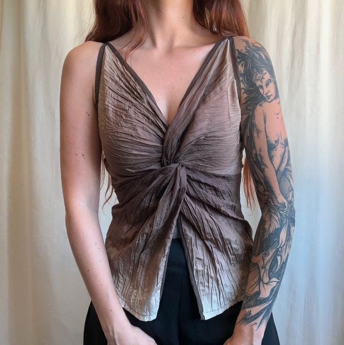 Top effet croisé matière froissée marron tie dye Witchy vintage 90s - Taille M - photo numéro 4
