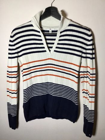 Pull pour femme col en v Tommy Hilfiger rayures horizontales taille S 068