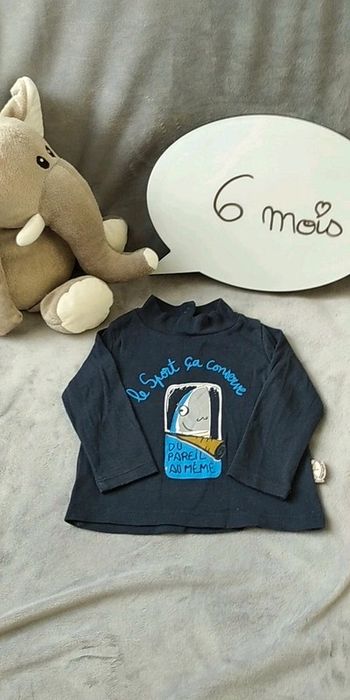 Tee shirt manches longues / pull léger col roulé Garçon 6 mois "Le sport ça conserve" 100% coton