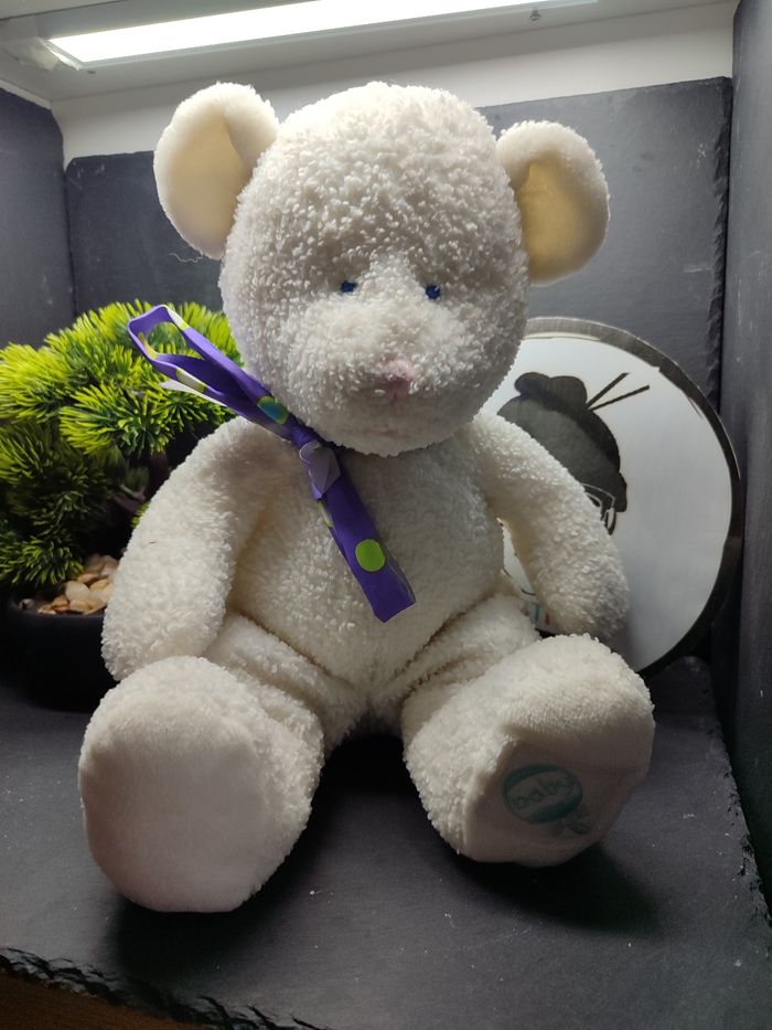 doudou peluche ancien hochet ours blanc éponge russ berrie moonbeam Bleu Grelot