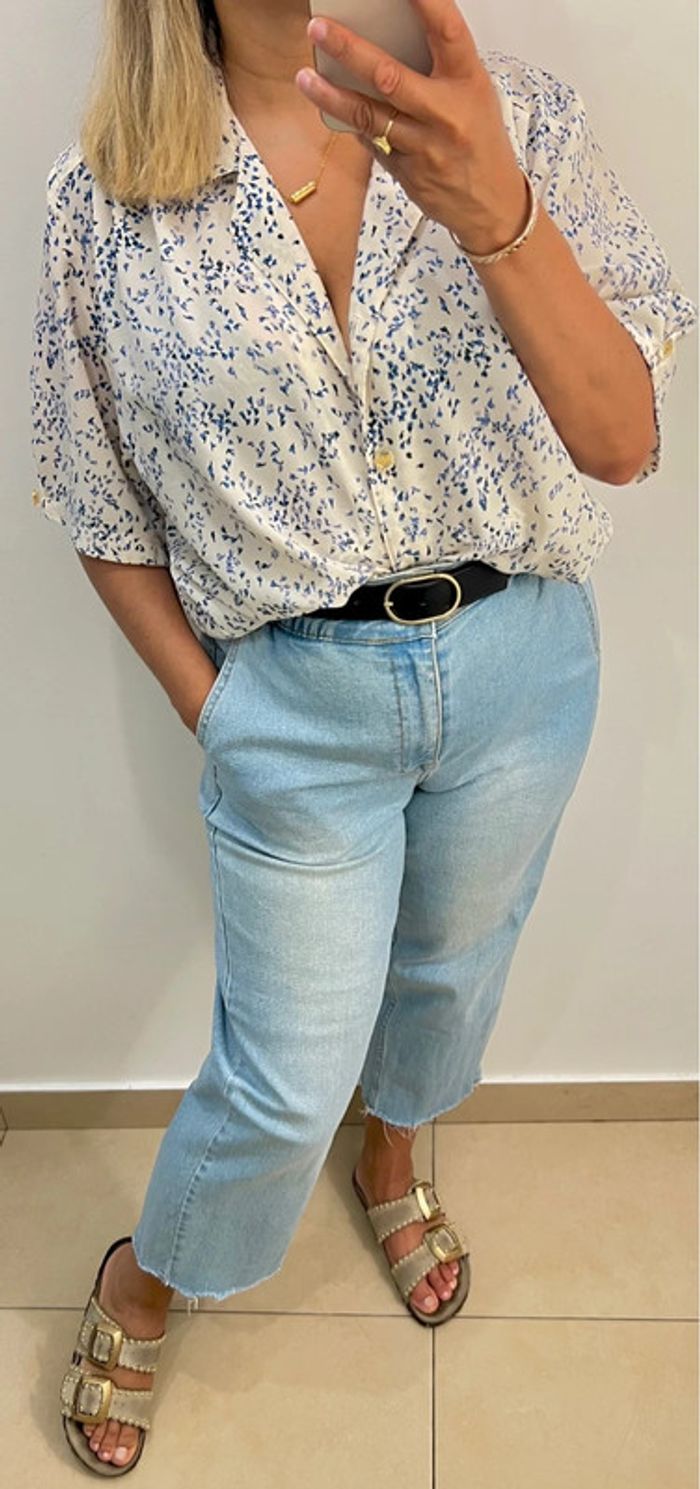 🌿 Chemise imprimé bleu sur fond écru Taille - photo numéro 4