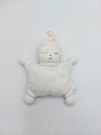 Peluche doudou lutin blanc yeux dormeurs DPAM tulipe doudou bonnet pois rose