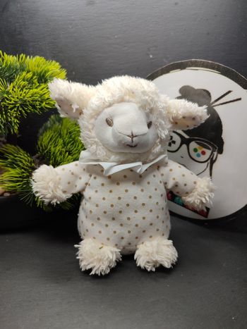 Doudou mouton blanc pois Avène Pédiatril 18 cm peluche collerette Vert Jaune